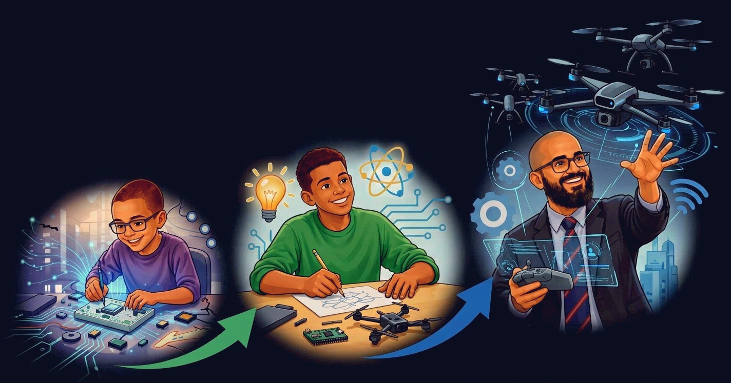 Illustration in three scenes: a child soldering a circuit board, a teenager sketching next to a small drone, and an engineer directing a group of drones.